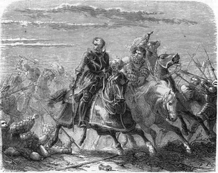 Robert de la Marck des Lansquenets, emportant le corps de son fils des Suisses. Gravure du 19ème siècle