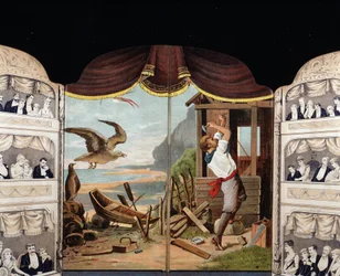 Robinson Crusoé construisant sa cabane, vers 1890. Roman de Daniel Defoe (1660 - 1731)
