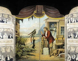 Robinson Crusoé avec son perroquet, vers 1890. Roman de Daniel Defoe (1660 - 1731)
