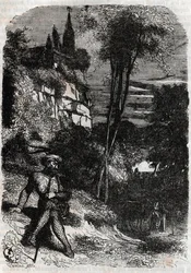 Rodomont, Isabella et le vieil ermite - gravure de 1851 de « Roland furieux » (Orlando furioso) (16ème siècle) par Ludovico Ariosto, dit l