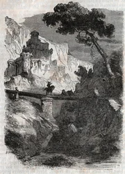 Rodomont vaincu par Bradamante - gravure de 1851 de "Roland furieux" (Orlando furioso) (16ème siècle) par Ludovico Ariosto, dit l