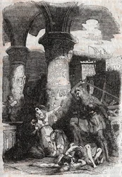 Rodomont massacre les habitants de Paris - gravure de 1851 de "Roland furieux" (Orlando furioso) (16ème siècle) par Ludovico Ariosto, dit l