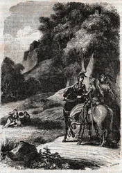 Roger, Marphise et les trois femmes - gravure de 1851 de « Roland furieux » (Orlando furioso) (16ème siècle) par Ludovico Ariosto, dit l