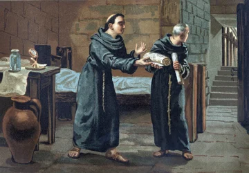 Roger Bacon, moine franciscain, théologien, philosophe et érudit anglais (1214-1294) envoyant le livre « Opus majus » (1267-1268) au Pape. Dans « La Ciencia y sus Hombres » par Louis Figuier. Barcelone 1881.