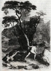 Roland poursuivant Angélique - gravure de 1851 de "Roland furieux" (Orlando furioso) (16ème siècle) par Ludovico Ariosto, dit l