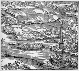 Gaule romaine : un monument construit par les marins parisiens sous le règne de Tibère, à la confluence de la Seine et de la Marne. Gravure dans "La Marine et les colonies : commerce"