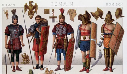 Costumes de gladiateurs romains et guerriers. Chromolithographie du XIXe siècle.