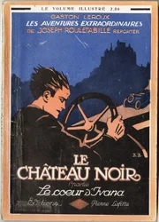 Rouletabille au volant de son cabriolet poursuit une voiture, illustration de couverture pour Gaston Leroux (1868-1927), édition Pierre Lafitte, Paris