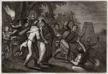 Bible de Royaumont, Nouveau Testament : arrestation de Jésus-Christ ou le baiser de Judas. Les soldats viennent arrêter le Christ au jardin des Oliviers. Saint Pierre coupe l