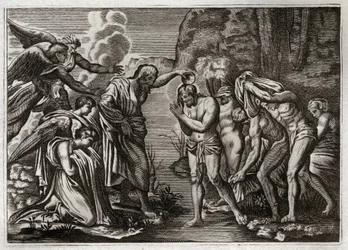 Bible de Royaumont, Nouveau Testament : Baptême de Jésus-Christ. Saint Jean-Baptiste baptisant Jésus-Christ dans les eaux du Jourdain. Illustration de 1811.