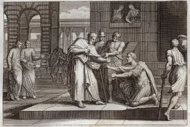 Bible de Royaumont, Nouveau Testament : Cornelius baptise. Le centurion reçoit la foi de Jésus-Christ, et est baptisé par Saint Pierre. Illustration de 1811.