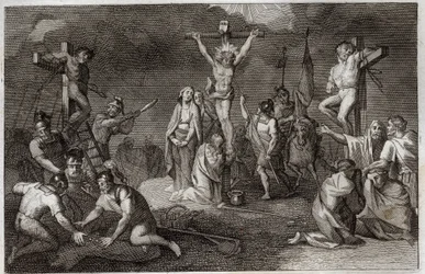 Bible de Royaumont, Nouveau Testament : Crucifixion de Jésus-Christ. La Vierge Marie, Sainte Marie-Madeleine et Saint Jean au pied de la croix, Saint Longin le Centurion (Saint Longinus) avec sa lance, des soldats jouant la tunique du Christ. Sur les côtés