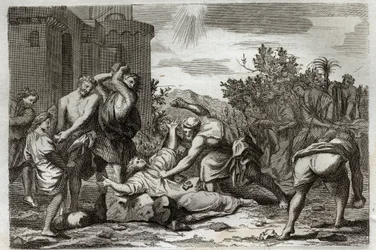 Bible de Royaumont, Nouveau Testament : Mort de Saint Étienne, premier martyr chrétien, par lapidation. Illustration de 1811.