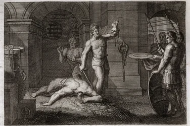 Bible de Royaumont, Nouveau Testament : Décollation de Saint Jean-Baptiste. On met sa tête sur un plateau. Illustration de 1811.