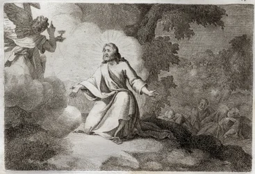 Bible de Royaumont, Nouveau Testament : Jésus-Christ au jardin (prière sur le mont des Oliviers). Un ange tenant un calice apparaît à Jésus. Les apôtres Saint Pierre, Saint Jean et Saint Jacques sont endormis. Illustration de 1811.