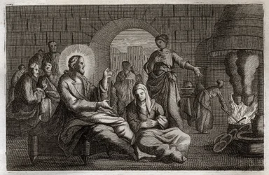 Bible de Royaumont, Nouveau Testament : Marthe et Marie. Jésus-Christ entre dans la maison de Marthe, qui se hâte de le recevoir tandis que sa sœur, Marie de Béthanie, écoute sa parole. Illustration de 1811.