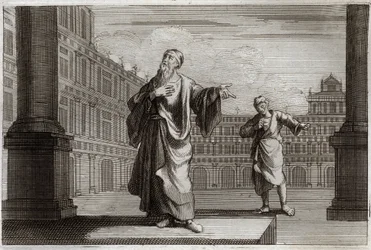 Bible de Royaumont, Nouveau Testament : Parabole du Pharisien et du Publicain, qui allèrent prier au Temple. Illustration de 1811.