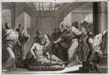 Bible de Royaumont, Nouveau Testament : Paralytique. Jésus-Christ appelle Saint Matthieu et guérit un paralytique à Capharnaüm. Illustration de 1811.