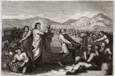 Bible de Royaumont, Nouveau Testament : Propagation des pains. Jésus-Christ multiplie cinq pains et nourrit cinq mille hommes. Illustration de 1811.