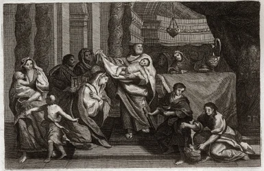 Bible de Royaumont, Nouveau Testament : Purification de la Vierge ou présentation au Temple. La Sainte Famille offre Jésus-Christ au Temple et le donne à Symeon (ou Siméon ou Simon). Une femme tient deux colombes dans un panier. Illustration de 1811