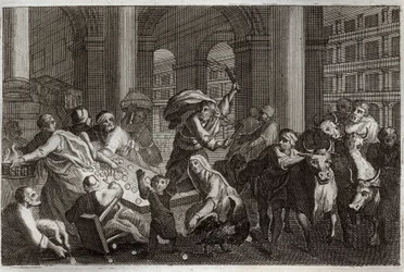 Bible de Royaumont, Nouveau Testament : Chasse des vendeurs du Temple. Jésus-Christ chasse du Temple ceux qui le profanaient par le trafic qu