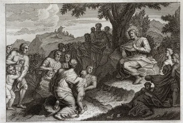 Bible de Royaumont, Nouveau Testament : Sermon sur la montagne. Jésus-Christ choisit douze apôtres parmi ses disciples et prononce devant eux et devant une grande foule le Sermon, habituellement appelé le Sermon sur la Montagne. Illustration de 1811.