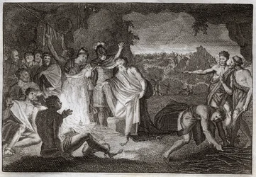 Bible de Royaumont, Nouveau Testament : Naufrage de Saint Paul. Il est mordu par une vipère sans aucun mal. Illustration de 1811.