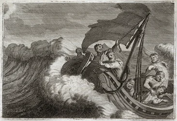 Bible de Royaumont, Nouveau Testament : Tempête apaisée. Les apôtres sont surpris par une tempête, Jésus-Christ qui dormait dans leur bateau se réveille et calme la mer de Galilée. Illustration de 1811.