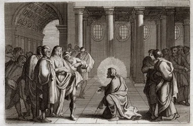 Bible de Royaumont, Nouveau Testament : La femme adultère. Jésus-Christ se dérobe divinement aux pièges que les Juifs lui tendent, lui demandant ce qu