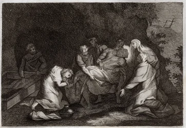 Bible de Royaumont, Nouveau Testament : Tombeau. Sépulcre de Jésus-Christ. Parmi les personnages entourant le corps de Jésus-Christ : la Vierge Marie, Saint Nicodème, Saint Joseph d