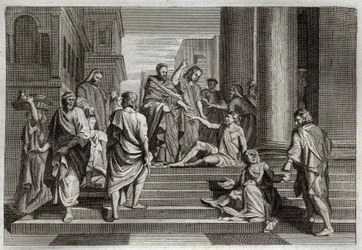 Bible de Royaumont, Nouveau Testament : Guérison du boiteux. Saint Pierre, accompagné de Saint Jean, guérit miraculeusement un boiteux à Jérusalem. Illustration de 1811.