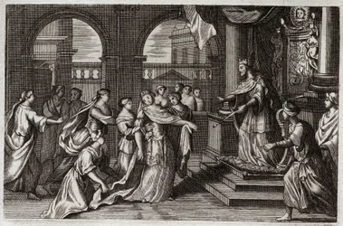 Bible de Royaumont, Ancien Testament : Esther se présente devant le roi Xerxès I (Assuérus I), avec l