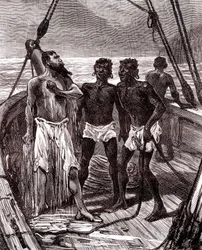 Transport de caoutchouc sur le fleuve Maroni, Guyane