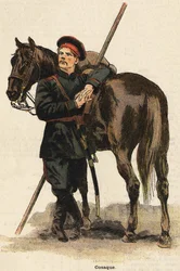 Costume de cosaque russe. Gravure du 19ème siècle. Collection Bianchetti.