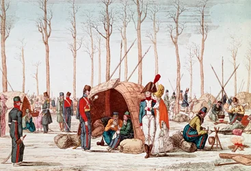 Soldats russes bivouaquant sur les Champs-Élysées, Paris, France, 31 mars 1814 (gravure)