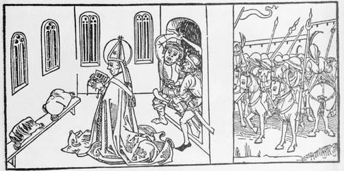 Saint Lambert. Gravure de « Leben der Heiligen - sommerteil » (Le livre des saints) par Jacobus (Jacques) de Voragine (1228-1298). Lübeck 1488.