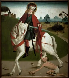 Saint Martin et le mendiant. Il coupa son manteau pour le donner à un mendiant. Peinture anonyme, vers 1490. Magyar Nemzeti Galéria, Budapest, Hongrie.