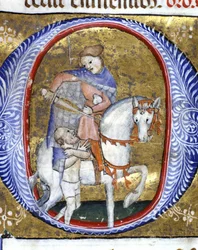 Saint Martin partageant son manteau avec un pauvre. Miniature du XIVe siècle. Biblioteca Nazionale Braidense, Milan.