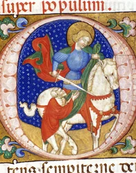 Saint Martin partageant son manteau avec un pauvre. Miniature du XVe siècle. Biblioteca Nazionale Braidense.