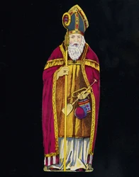 Saint Nicolas avec des jouets en main. Carton du 19ème siècle