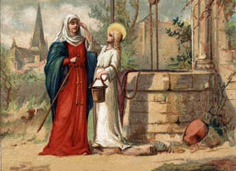 Sainte Geneviève (422-502), patronne de Paris, rend la vue à sa mer. Chromolithographie vers 1890