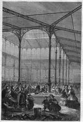 Vente de poissons à la criée aux Halles de Paris en 1866 (Pavillon Baltard).