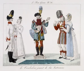 Saltimbanques : Le troubadour jouant de six instruments - dans «Le Bon Genre», début 19e siècle