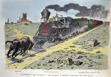 Vignette allégorique satirique : le taureau symbole du capitalisme tente d