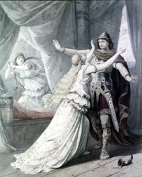 Scène de « Cola Rienzi, le dernier des Tribuns » (Rienzi, der Letzte der Tribunen), opéra de Richard Wagner représentant le héros Rienzi avec Irène dans le Palais du Capitole. 1842. Gravure.