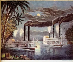 Scène de navigation en bateau sur le Mississippi aux États-Unis. 19ème siècle. Paris, Arts Décoratifs