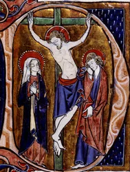 Scène de crucifixion dans une lettrine (lettre D). Miniature dans « Speculum historiale » de Vincent De Beauvais