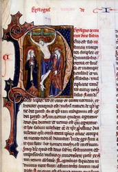Scène de crucifixion dans un en-tête de lettre (lettre D)