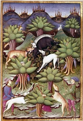 Scène de chasse au sanglier Miniature de "Traité de fauconnerie et de vénerie avec la devise et l