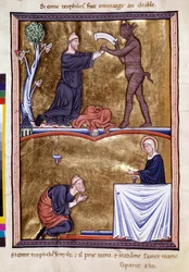 Scènes de la vie du moine Saint Théophile le Pénitent (6e siècle). Il a appelé le diable pour le sortir de la mendicité. Il a fait pénitence pour le reste de sa vie. Miniature du « Psautier d
